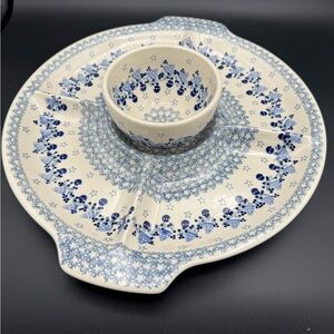 Polish Pottery Large Chip Dip Relish Tray w/Dipping Bowl, Rembrandt Pattern